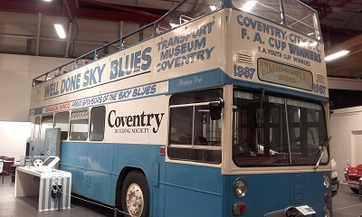 the famous Sky Blues bus painted in blue and white