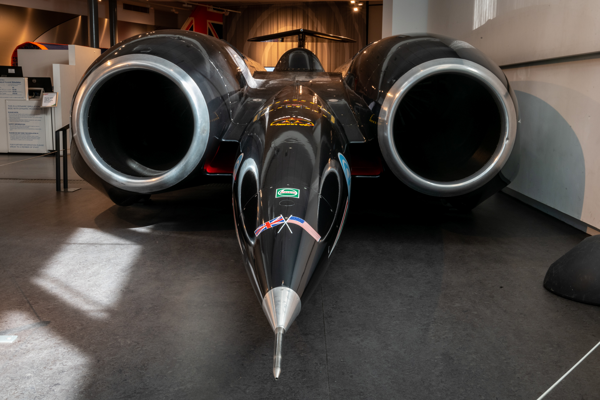 A front view of Thrust SSC on display in Coventry Transport Museum