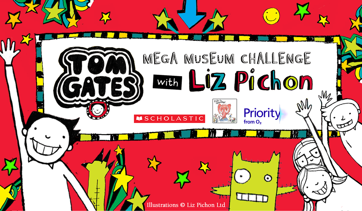 Graphic featuring Liz Pichon illustrations of characters from the Tom Gates book with the text, "Tom Gates Mega Museum Challenge with Liz Pichon"