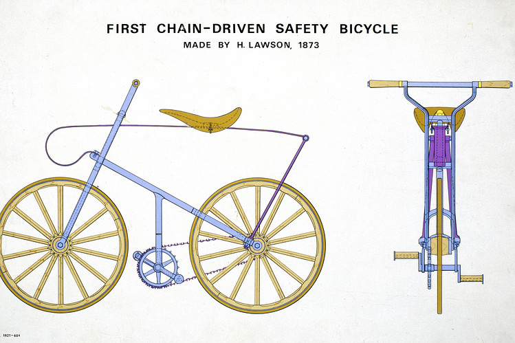A Victorian bicycle design with the the text, "FIRST CHAIN-DRIVEN SAFETY BICYCLE | MADE BY H. LAWSON, 1873"